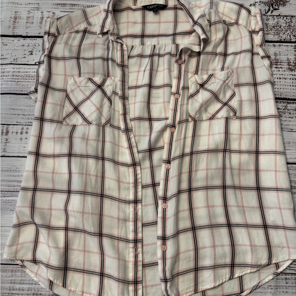 Express White and Black Plaid Sleeveless Shirt